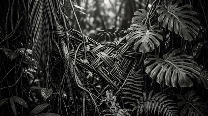 Obraz premium Intricate woven tropical foliage pattern in monochrome jungle