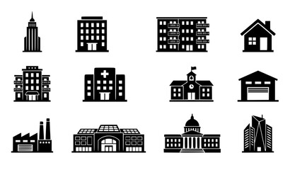 Fototapeta premium Black Building Silhouette Icon Set Modern Architecture Vector Collection