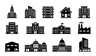 Fototapeta premium Professional Building Silhouette Collection Black Vector Icon Set