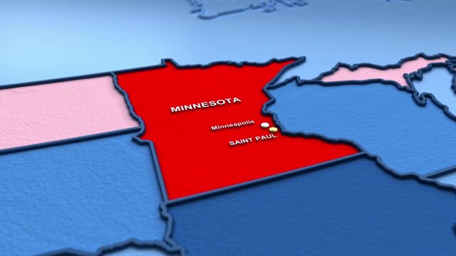 Looped 3D election map animation of the United States zooming into Minnesota state, featuring red, blue, purple and green political outcome variations. 