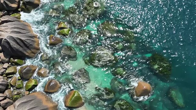 Ocean waves crash against large mossy coastal rocks along a tropical shoreline.
