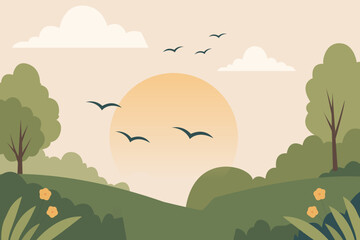 Scenic sunrise over rolling hills with birds, trees, flowers and soft clouds, peaceful natural landscape background in modern flat vector style for travel and environmental themes © Kay