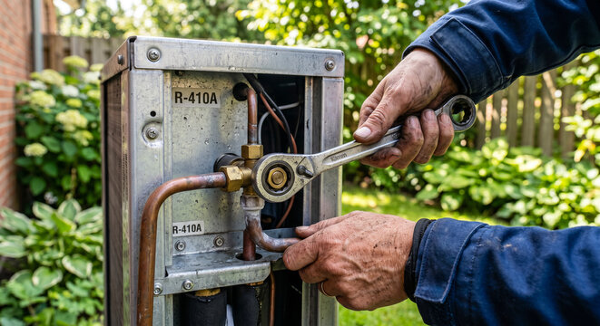 A technician uses a metal ratchet wrench to repair the copper tubing on an outdoor air conditioning condenser unit, providing essential professional climate control system maintenance