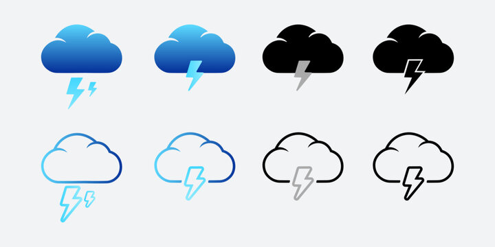 Set of storm cloud icons with lightning bolts