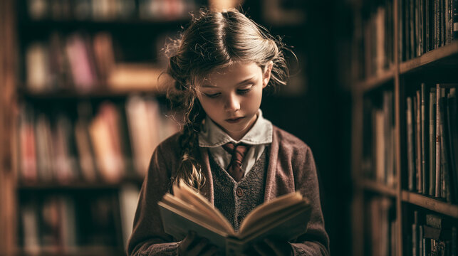 A young girl, deep in thought, reads a book inside a cozy library filled with books. Her expression reflects curiosity and wonder as she explores the world of literature.