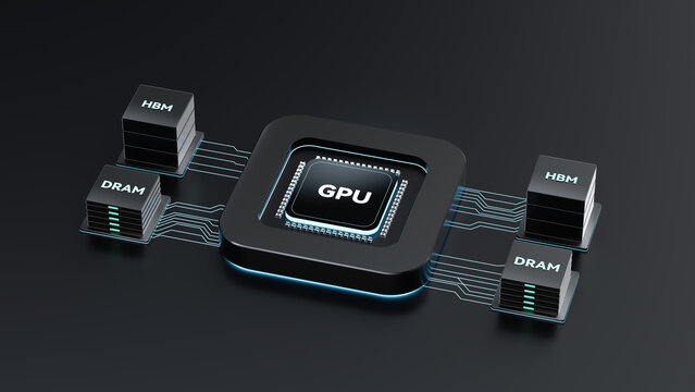 Realistic 3D render of central GPU graphics processor chip connected to HBM and DRAM memory modules on dark glossy futuristic background with glowing blue circuit lines