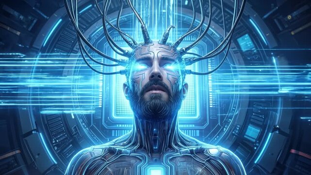 Bearded man connected to futuristic computer interface with glowing blue eyes. Cybernetic enhancement and neural link concept. Static medium shot.