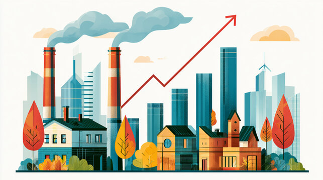 An animated illustration depicting a cityscape with factories and skyscrapers, showcasing economic growth through an upward graph against a colorful autumn backdrop.