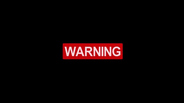 Dynamic warning sign motion with pulsing red text effect on deep black background, for alert systems, industrial safety notifications, emergency broadcasts, and critical