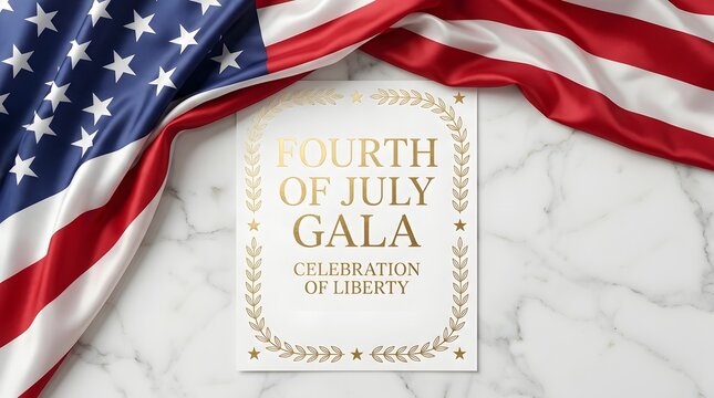 Fourth of july gala invitation card design with american flag background and elegant gold lettering.