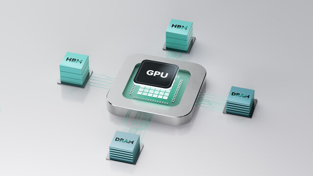 Realistic 3D render of central GPU processor connected via fine circuit traces to stacked HBM and DRAM memory chips, displayed on smooth minimal light grey background to illustrate advanced modern sem