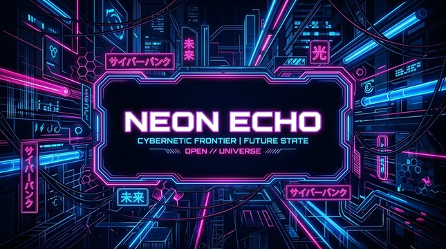 Futuristic Cyberpunk Cityscape with Neon Glowing Lights and Digital Interface Frame