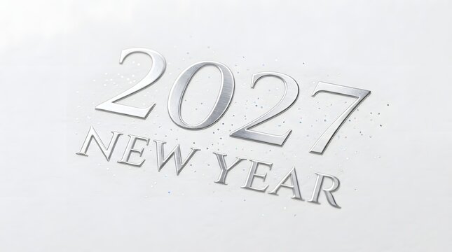 Happy new year twenty twenty seven silver metallic numbers with shiny glitter particles on white canvas.