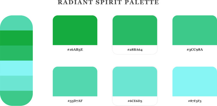 Bright radiant spirit color palette set featuring green and teal shades with hex codes on transparent background element.
