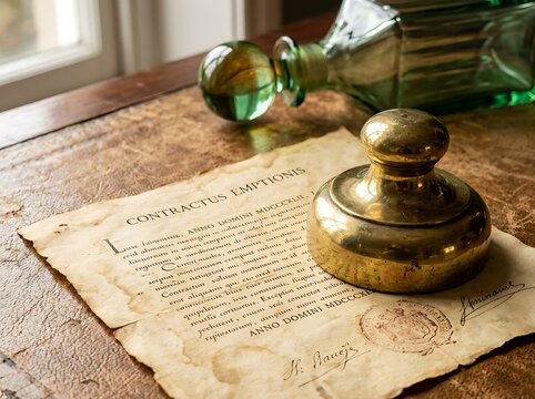Vintage Contract Document with Brass Seal on Wooden Table.