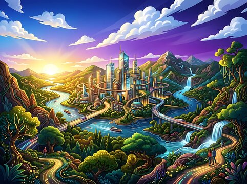 Futuristic City in a Lush Green Valley at Sunrise.