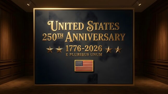 United states 250th anniversary celebration plaque 1776 to 2026 gold text on dark blue luxury wall.