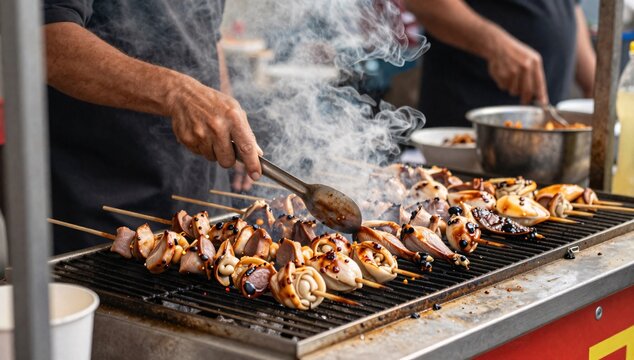 Grilled cuttlefish skewers are being prepared on a hot grill outdoors