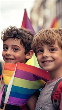 Two smiling children hold a rainbow flag. They stand close, eyes bright with joy. Background shows blurred, festive parade scene. Children wear casual clothes, no gear or accessories