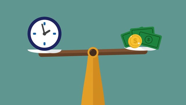 Conceptual animation showing the balance between time and money on a scale for business and finance.