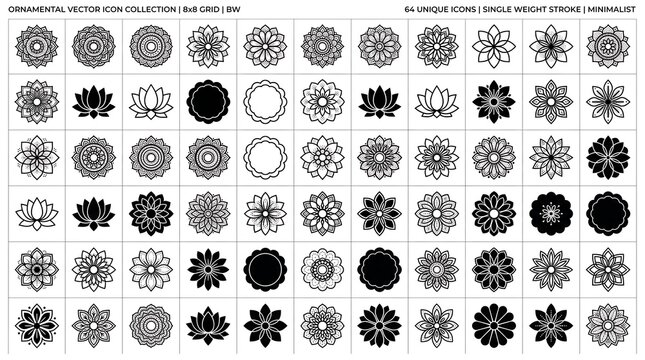 A comprehensive collection of 64 unique minimalist ornamental vector icons featuring diverse mandalas and lotus flowers in a clean black and white 8x8 grid layout.