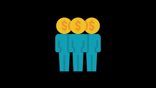 2D flat animation loop of human silhouettes with dollar coin heads forming a group. Ideal for representing target market demographic, wealthy consumers, venture capital investors, customer value monet