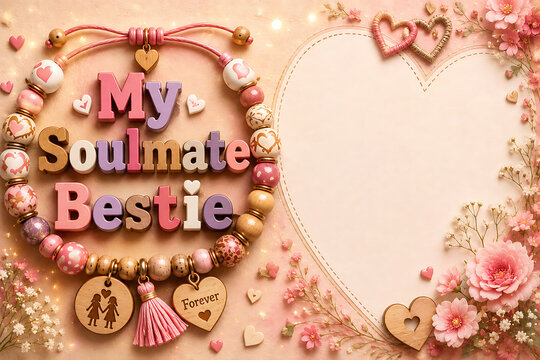 My Soulmate Bestie Beaded Bracelet and Floral Heart 
Happy Friendship Day Greeting Card Template