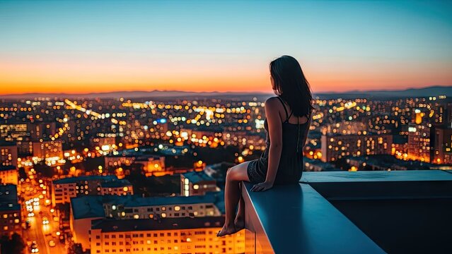 Woman sitting on rooftop ledge overlooking city at dusk.