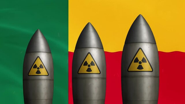 Nuclear missiles against benin flag background: concept of national security and defense strategy warhead