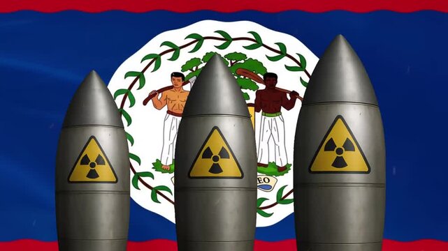 Nuclear missiles against belize flag background: geopolitical tension and national security concept warhead