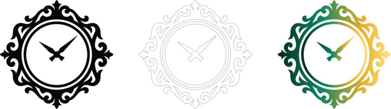 Vintage wall clock vector icon set in black outline and gradient style