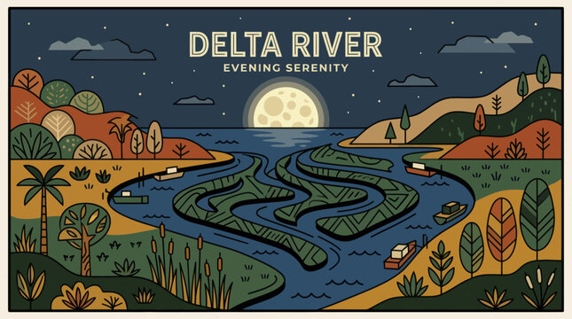 River delta evening landscape illustration