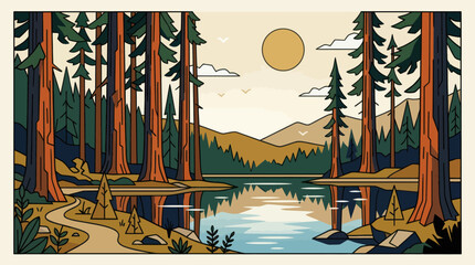 Peaceful forest lake landscape illustration © EBODA