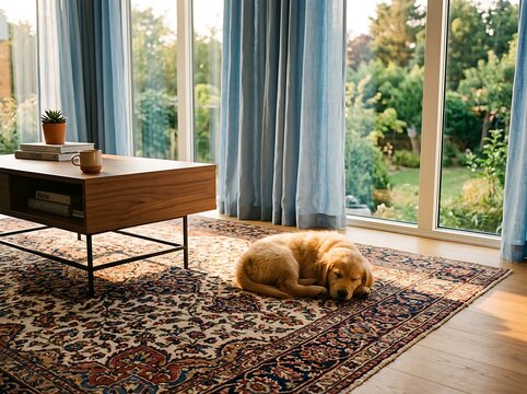 Golden retriever resting on patio with coffee table.