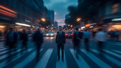 Fototapeta premium Businessman stands confidently in the middle of a bustling city street at dusk, surrounded by blurred motion of cars and pedestrians, symbolizing focus, resilience, and navigating urban.