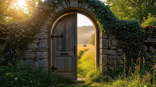Stone arch door opening to sunlit green garden meadow.