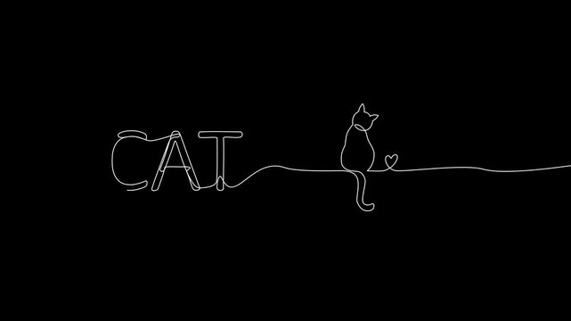 One Line Drawing Cat with Cat Word Animation in Black