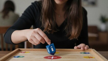 Fototapeta premium Person spinning a dreidel on a game board at a wooden table indoors