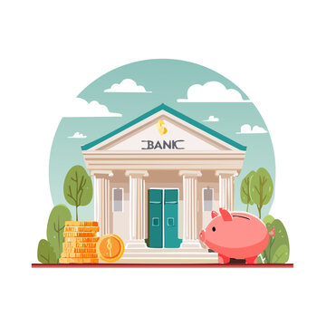 Flat illustration of a bank building with piggy bank and coins