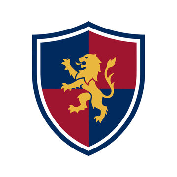 Heraldic Shield Emblem Featuring a Golden Lion Rampant on a Divided Background