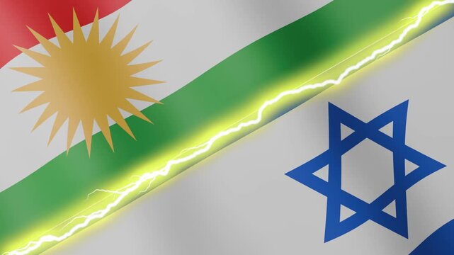 Two waving flags Kurdistan and Israel with diagonal lightning seamless, 4k loop