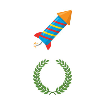 Colorful Firework Rocket Illustration Paired With A Green Leafy Laurel Wreath Icon