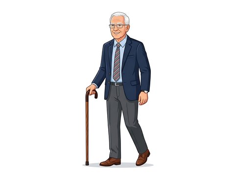 Elderly Gentleman Walking with Cane in Suit.