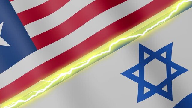 Two waving flags Liberia and Israel with diagonal lightning seamless, 4k loop