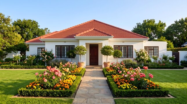 Symmetric one story cottage house with manicured lawn and vibrant flowerbed