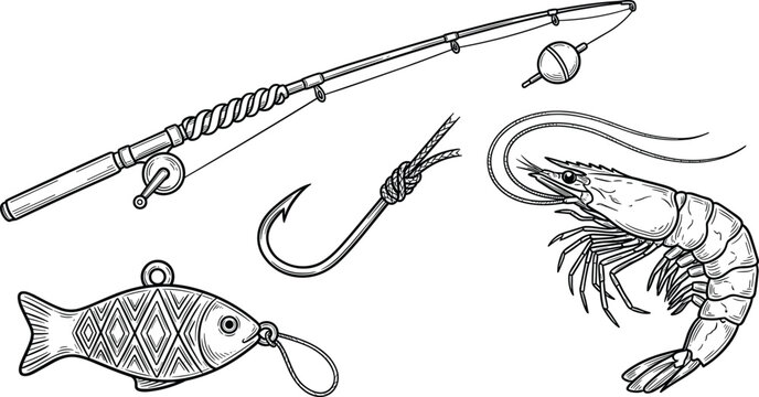 Vintage style fishing equipment set with rod hook lure and shrimp bait line art illustration