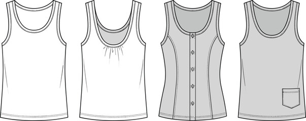 Women tank top fashion technical sketch vector template set with button down and pocket details © Md Atiar Rahman