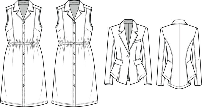 Women tailored sleeveless buttoned dress and blazer jacket set fashion technical sketch template
