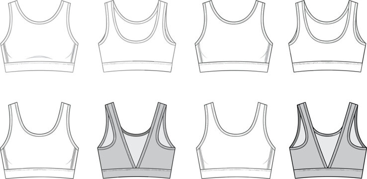 Women sports bra technical fashion sketch template vector front and back view set