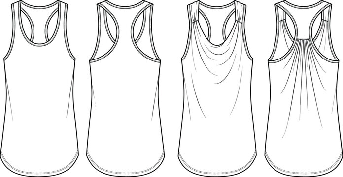 Women tank top fashion vector technical sketch with racerback and draped cowl neck detail